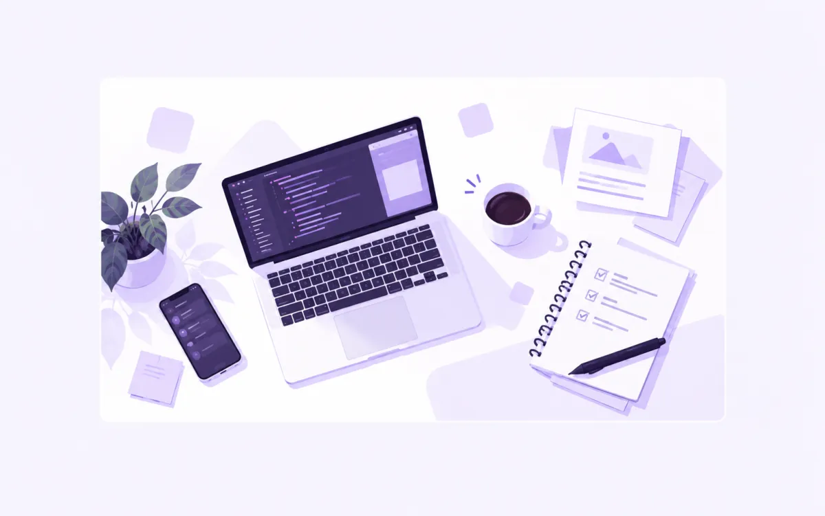 Espace de travail d’un développeur web freelance avec ordinateur, carnet et outils de travail.