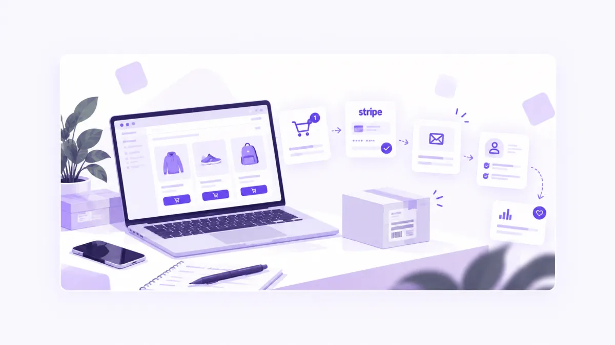 Illustration d’une boutique en ligne avec commandes, paiement et suivi client automatisés