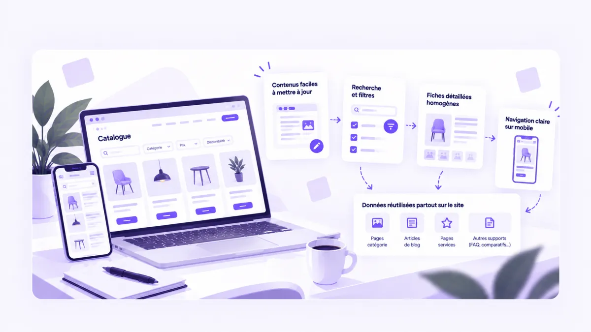 Illustration d’un catalogue de produits avec recherche, filtres et données réutilisables