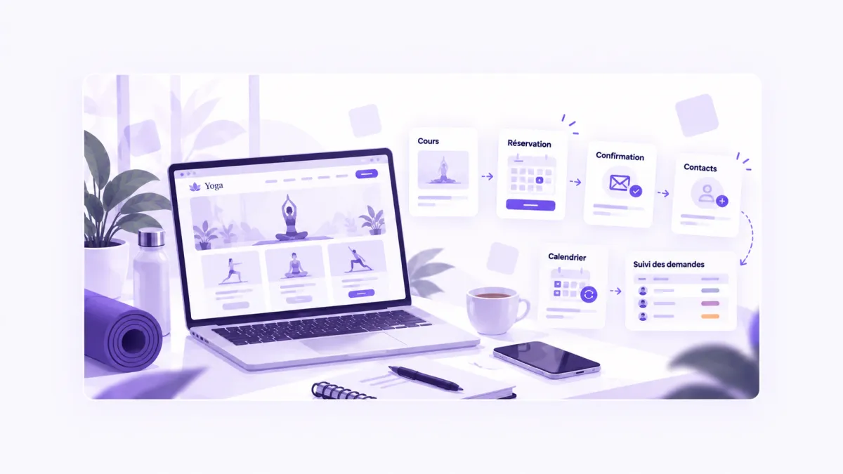 Illustration d’un site de studio de yoga avec réservation en ligne et gestion automatisée